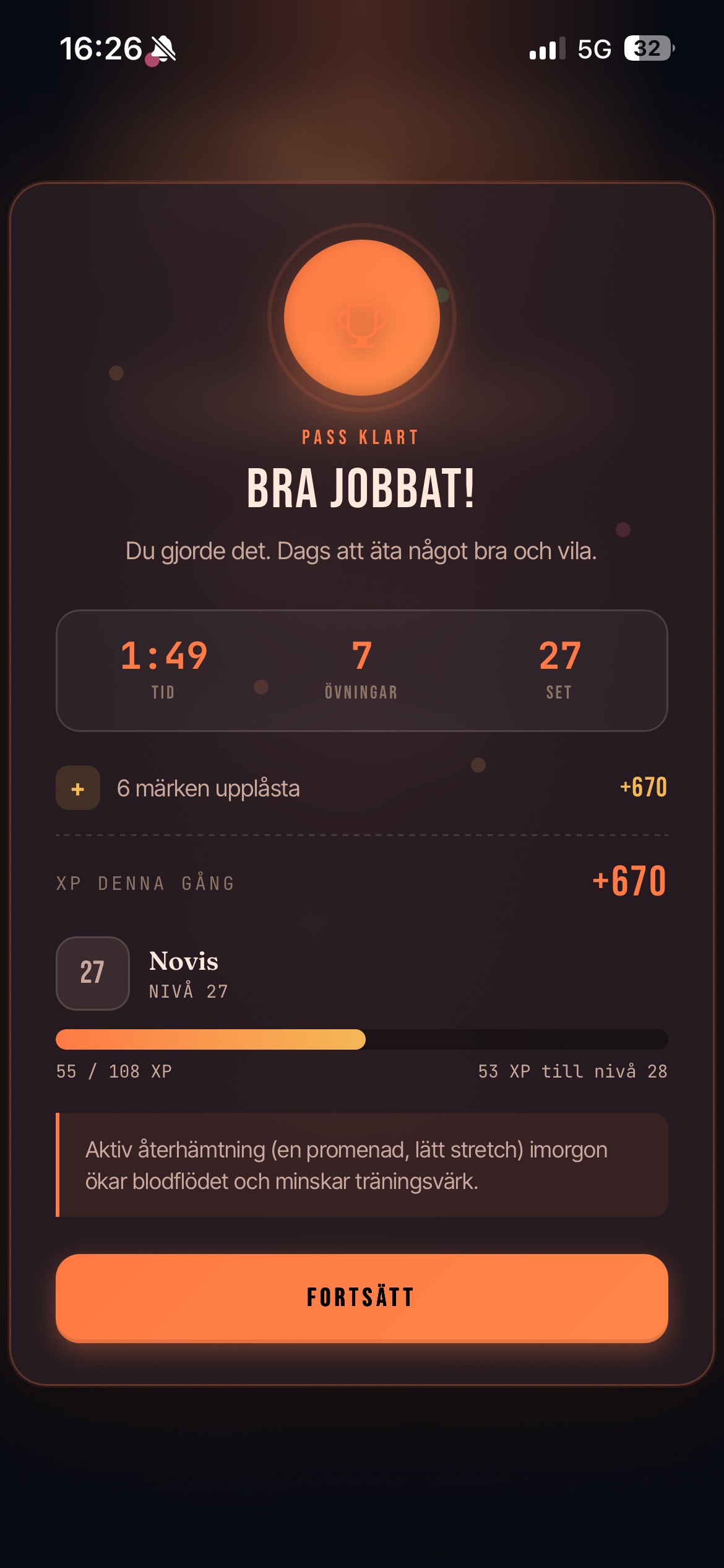 Sammanfattning efter avslutat pass